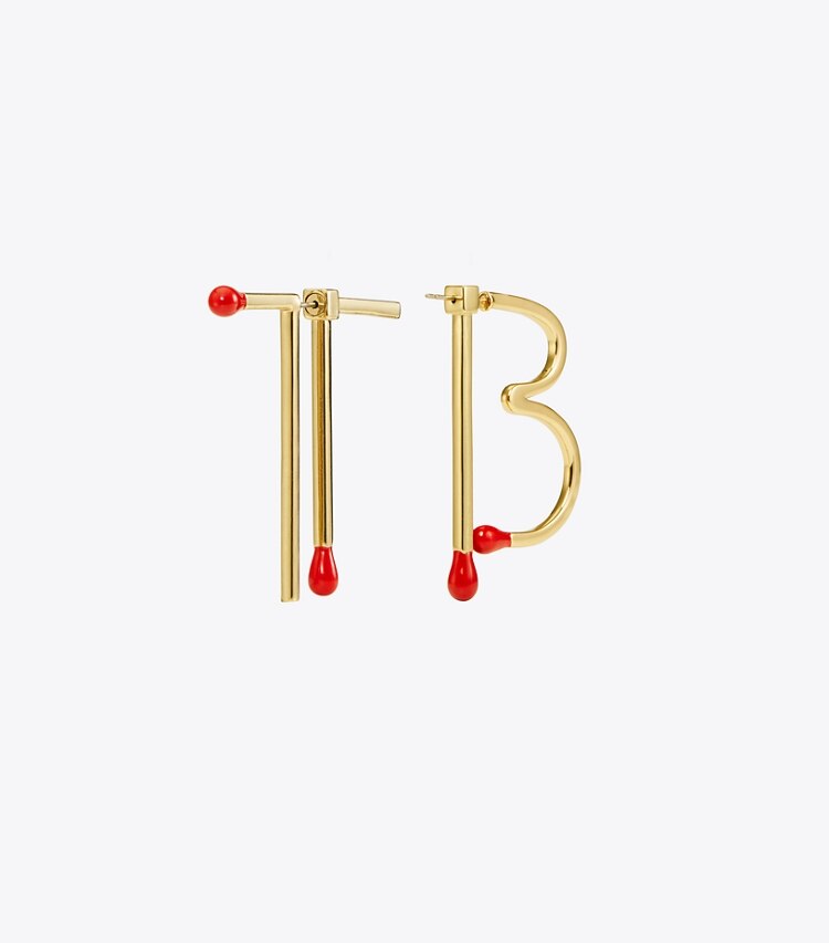 Tory Burch designer earrings TB Matchstick Earring in Tory Gold / Red front