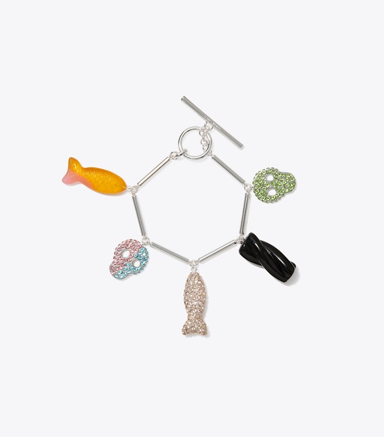 Tory Burch designer bracelets TB x BonBon Candy Charm Bracelet in Light Silver front