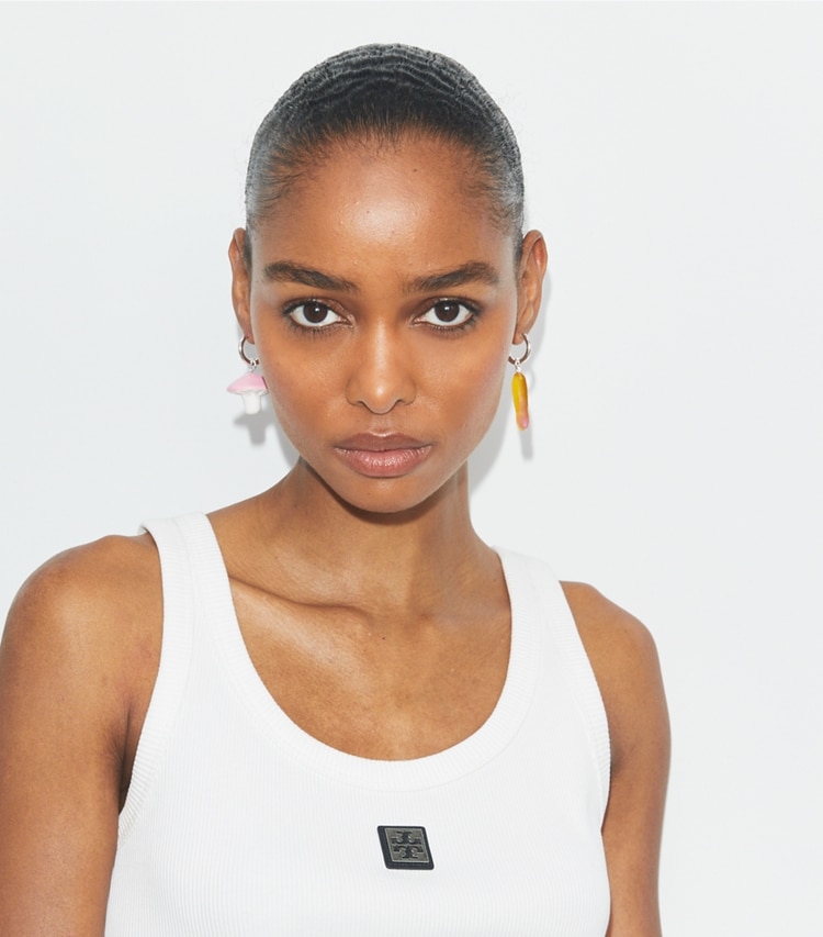 Tory Burch designer earrings TB x BonBon Candy Charm Earring in Multi accessory on model