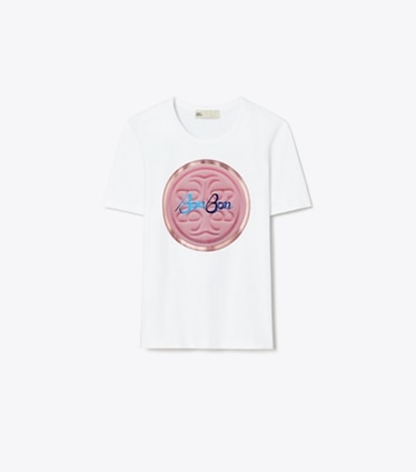 Tory Burch designer tops TB x BonBon Candy Logo T-Shirt in Pink BonBon Lozenge Tee front