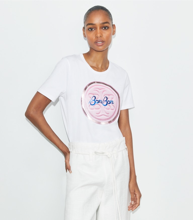 Tory Burch designer tops TB x BonBon Candy Logo T-Shirt in Pink BonBon Lozenge Tee front