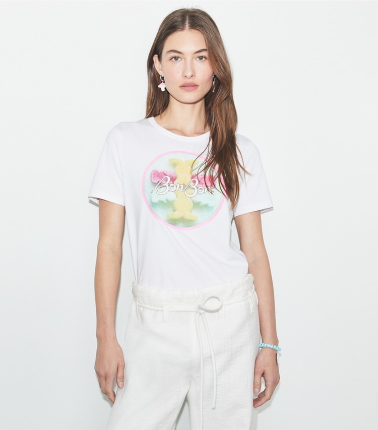 Tory Burch designer tops TB x BonBon Candy Logo T-Shirt in Pastel BonBon Sugar Tee on model detail