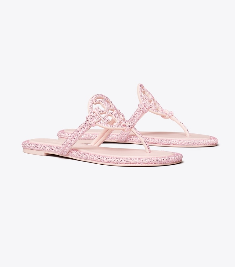 Tory Burch designer sandals TB x BonBon Miller Knotted Crystal Sandal in SHOCKTART / LIGHT ROSE angle