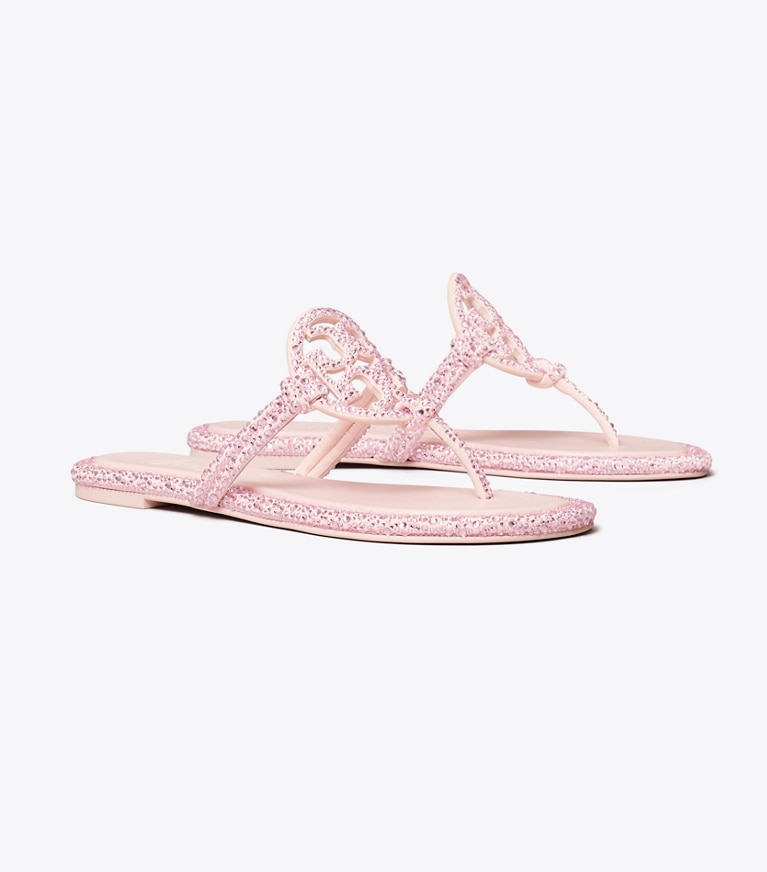 Tory Burch designer sandals TB x BonBon Miller Knotted Crystal Sandal in SHOCKTART / LIGHT ROSE angle