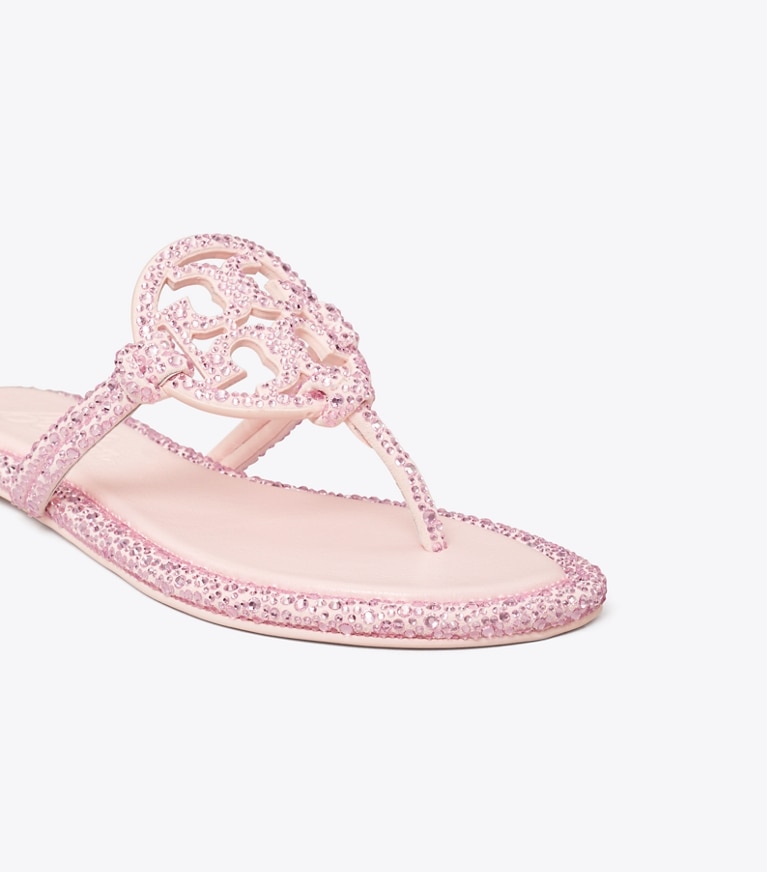 Tory Burch designer sandals TB x BonBon Miller Knotted Crystal Sandal in SHOCKTART / LIGHT ROSE angle