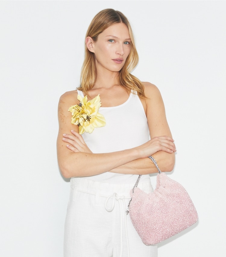 Tory Burch designer crossbody bags TB x BonBon Mini Fleming Embellished Hobo Bag in Sugared Pink Raspberry additional on model