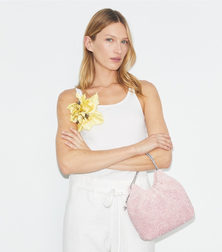 Tory Burch designer crossbody bags TB x BonBon Mini Fleming Embellished Hobo Bag in Sugared Pink Raspberry angle
