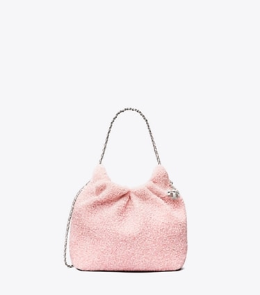 Tory Burch designer crossbody bags TB x BonBon Mini Fleming Embellished Hobo Bag in Sugared Pink Raspberry front