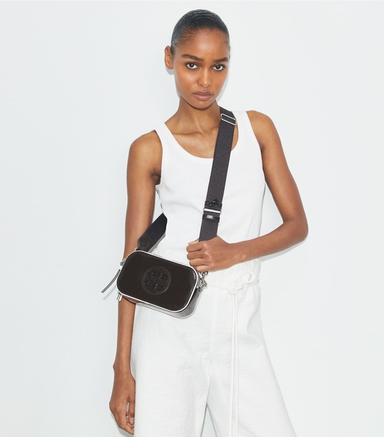 Tory Burch designer crossbody bags TB x BonBon Mini Miller Crossbody Bag in Cola accessory on model