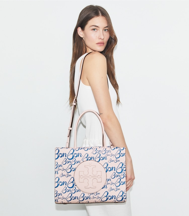 Tory Burch designer tote bags TB x BonBon Small Ella Bio Tote in BonBon Pink accessory on model