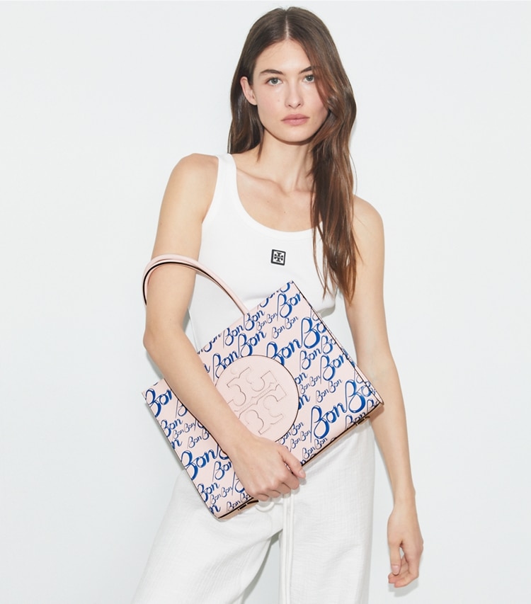 Tory Burch designer tote bags TB x BonBon Small Ella Bio Tote in BonBon Pink additional on model