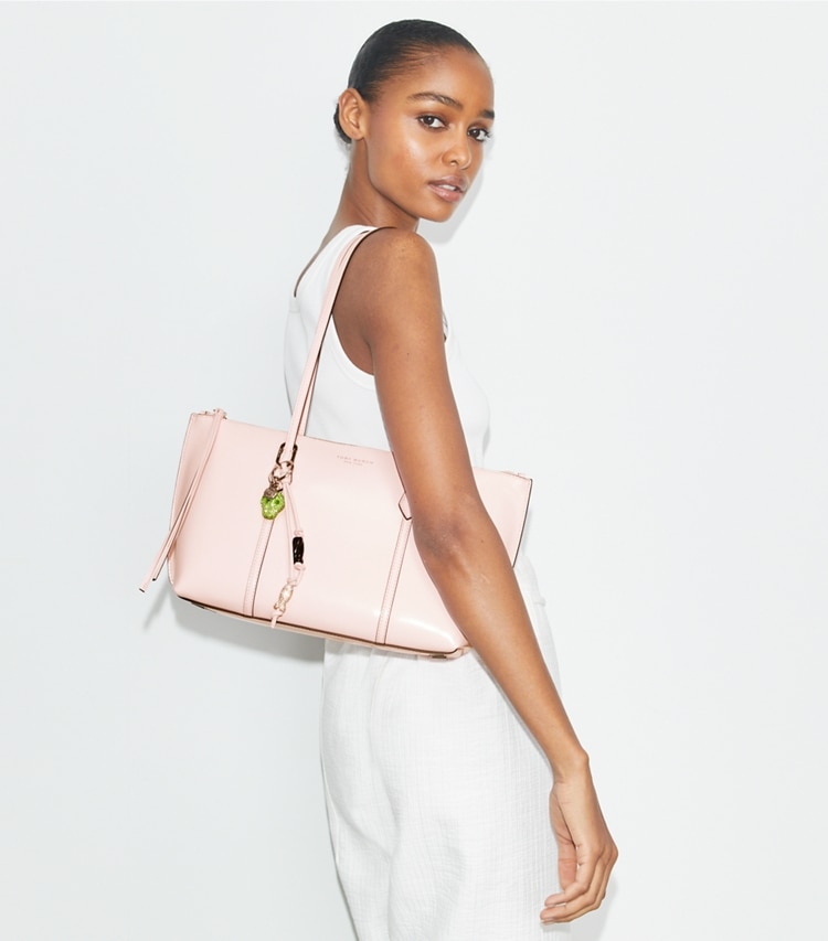Tory Burch designer tote bags TB x BonBon Small Perry Zip Tote in Shocktart accessory on model