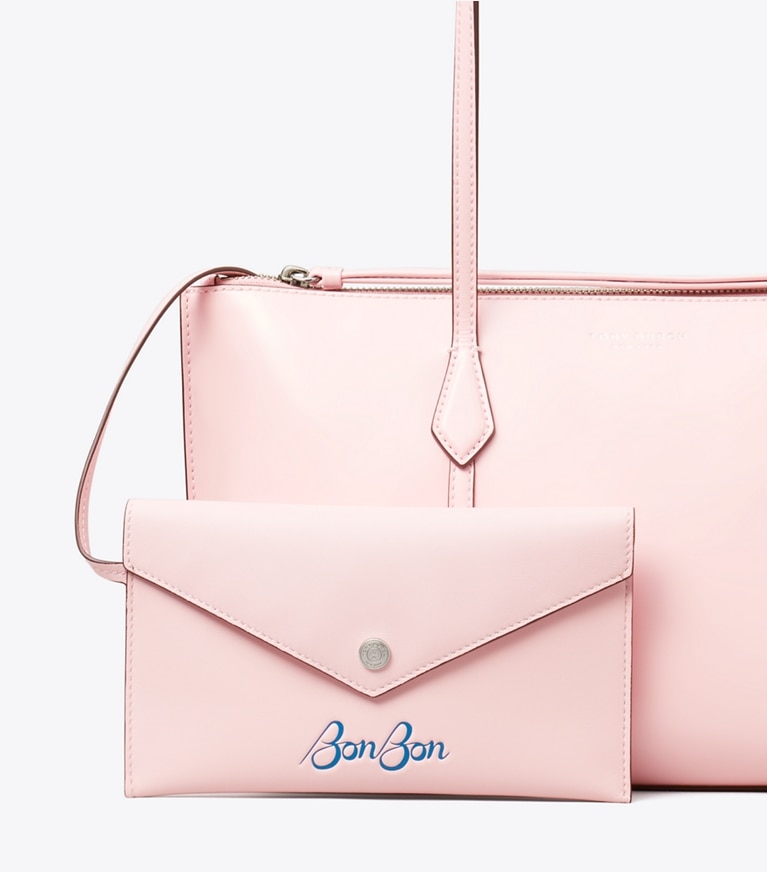 Tory Burch designer tote bags TB x BonBon Small Perry Zip Tote in Shocktart angle