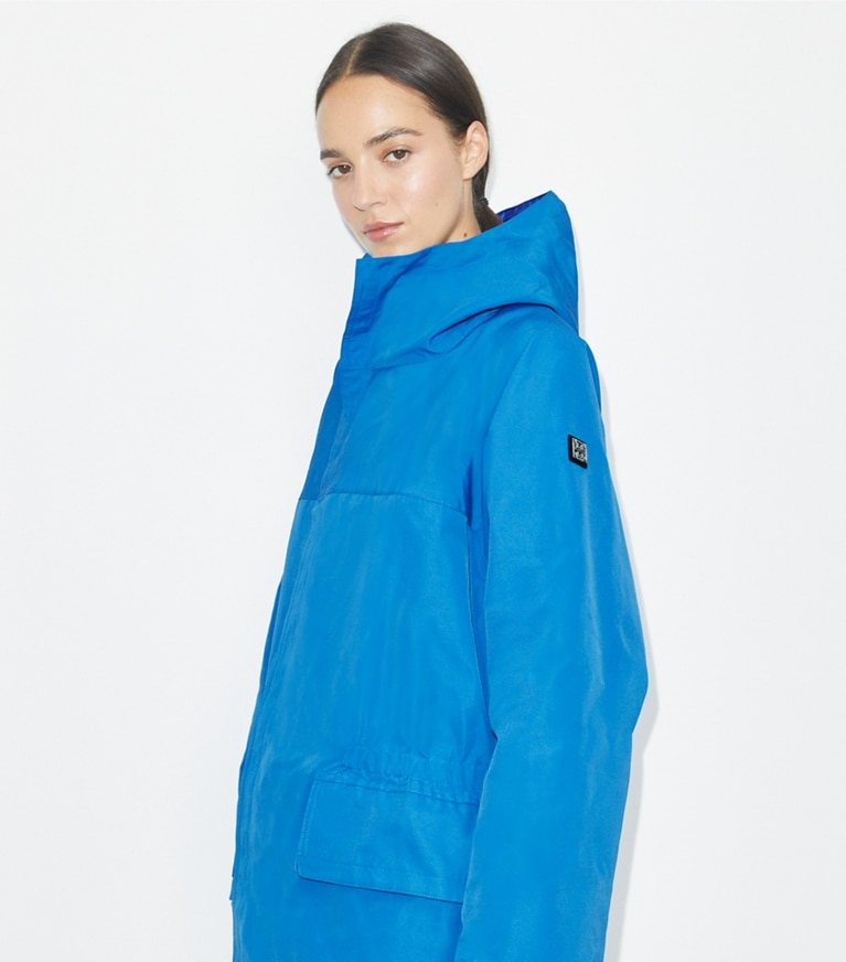Tory Burch designer jackets Tech Canvas Hooded Jacket in Bay Blue front