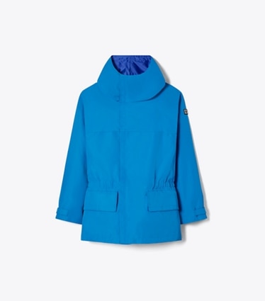 Tory Burch designer jackets Tech Canvas Hooded Jacket in Bay Blue front