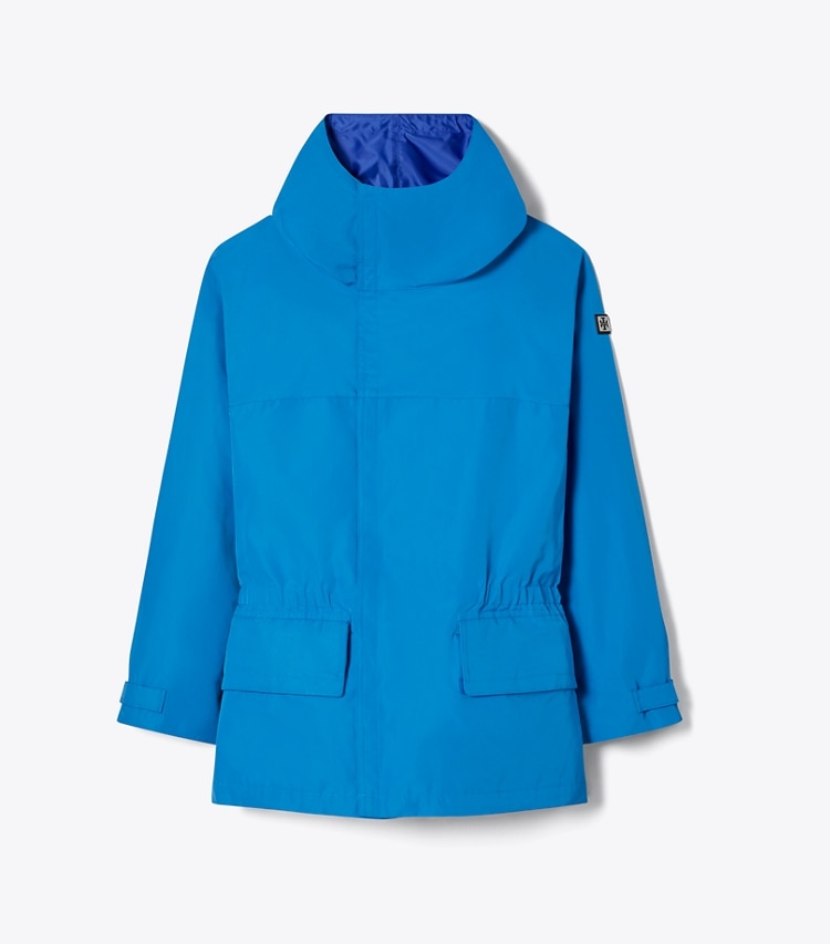 Tory Burch designer jackets Tech Canvas Hooded Jacket in Bay Blue front