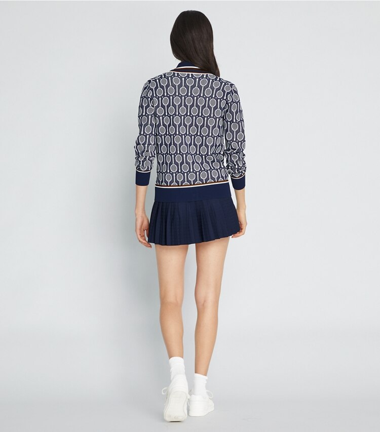 Tory Sport designer セーター テックニット カーディガン in Tory Navy Racquets on model back