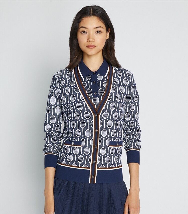 Tory Sport designer セーター テックニット カーディガン in Tory Navy Racquets on model detail