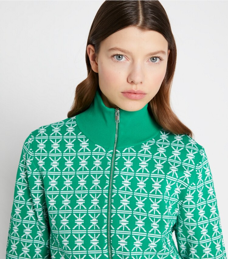 Tory Sport designer jackets Tech Knit Jacquard Warm-Up Jacket in Vineyard Column T on model detail