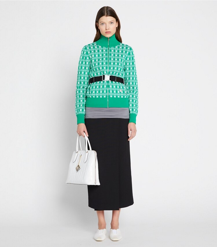 Tory Sport designer jackets Tech Knit Jacquard Warm-Up Jacket in Vineyard Column T on model front