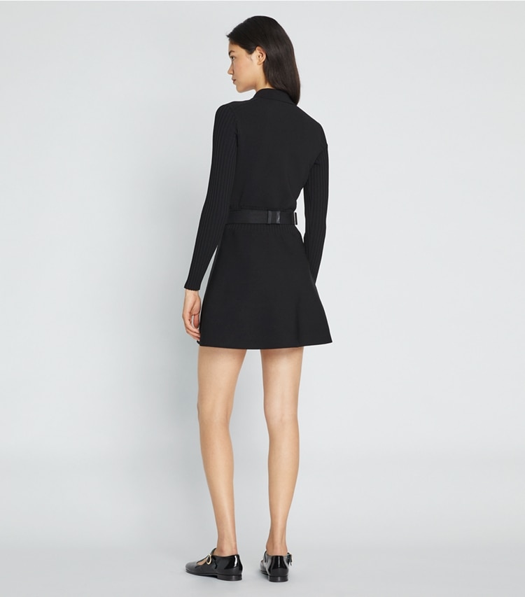 Tory Sport designer dresses Tech Knit Long-Sleeve Mini Polo Dress in Black on model back