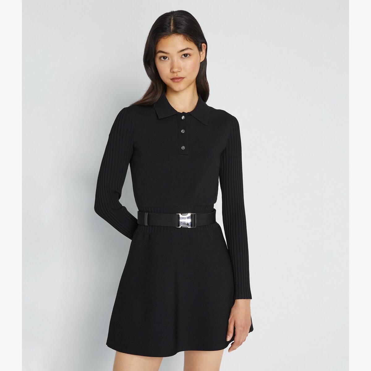 Tech Knit Long-Sleeve Mini Polo Dress in black, size XS