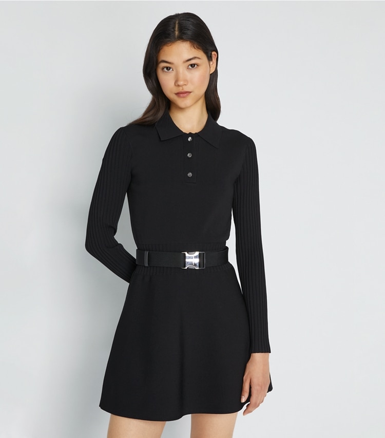 Tory Sport designer dresses Tech Knit Long-Sleeve Mini Polo Dress in Black on model detail