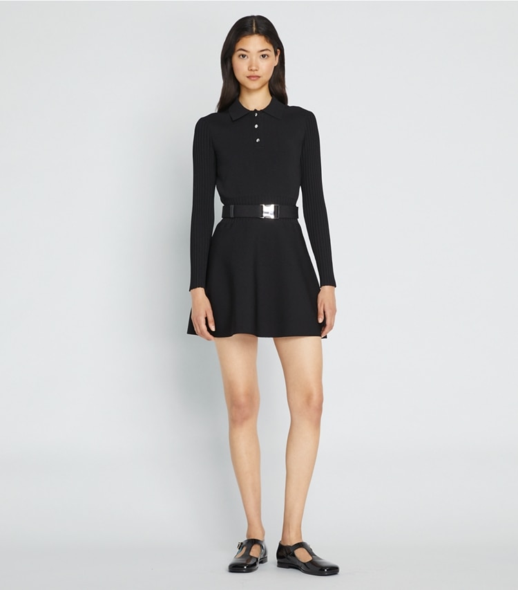 Tory Sport designer dresses Tech Knit Long-Sleeve Mini Polo Dress in Black on model front