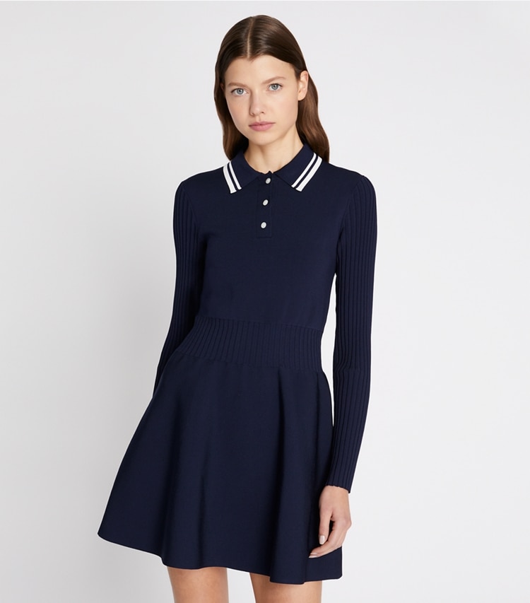 Tory Sport designer dresses Tech Knit Polo Dress in Tory Navy on model detail