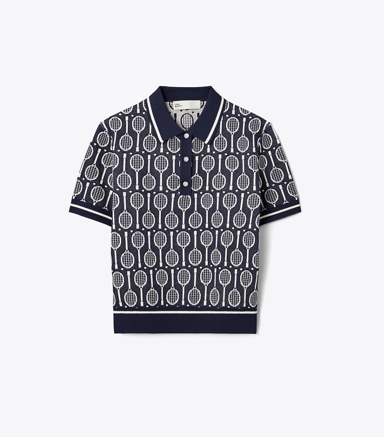 Tory Sport designer sweaters Tech Knit Polo in Tory Navy Racquets front
