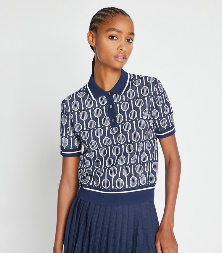 Tory Sport designer sweaters Tech Knit Polo in Tory Navy Racquets on model detail