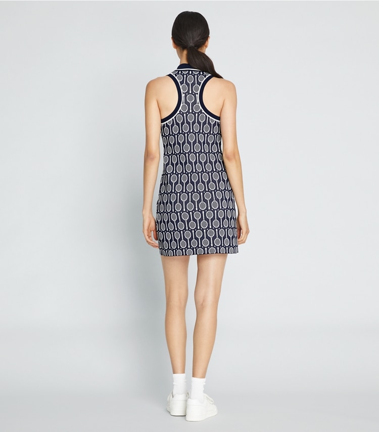 Tory Sport designer dresses Tech Knit Polo Tank Dress in Tory Navy Racquets on model back