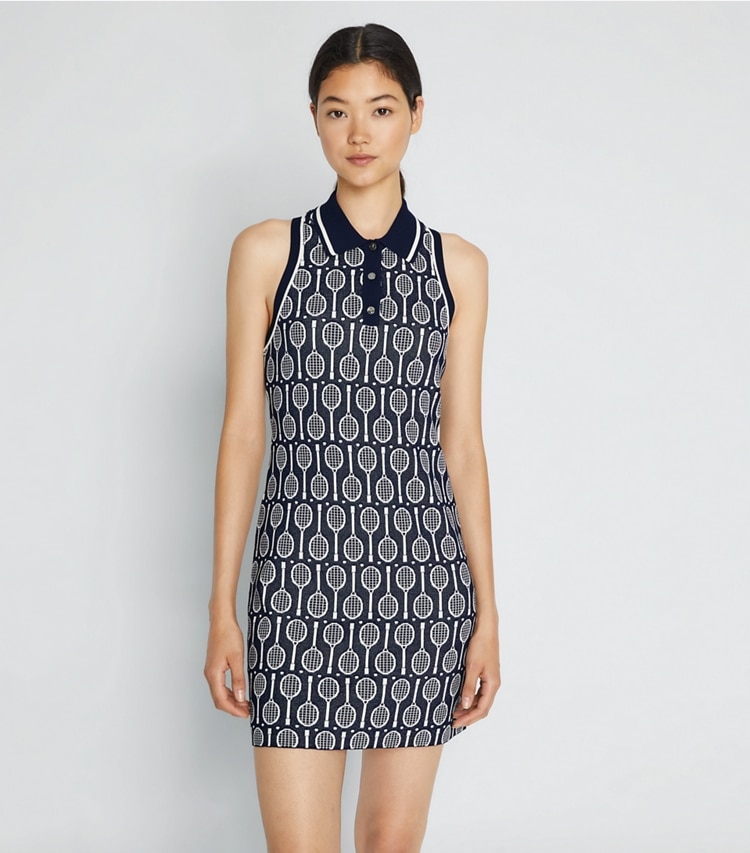 Tory Sport designer dresses Tech Knit Polo Tank Dress in Tory Navy Racquets on model detail
