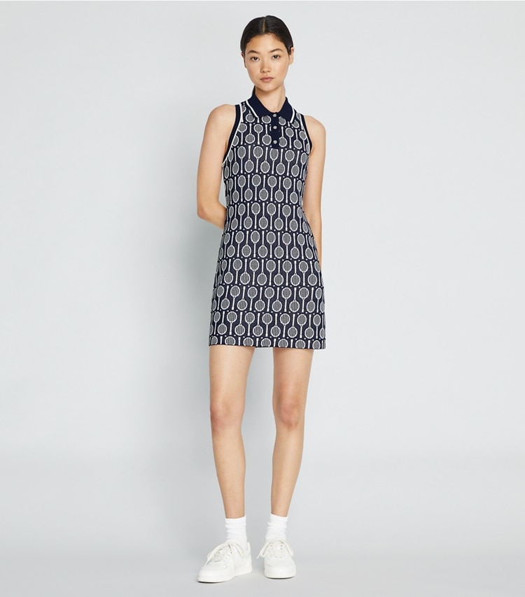 Tory Sport designer dresses Tech Knit Polo Tank Dress in Tory Navy Racquets on model front
