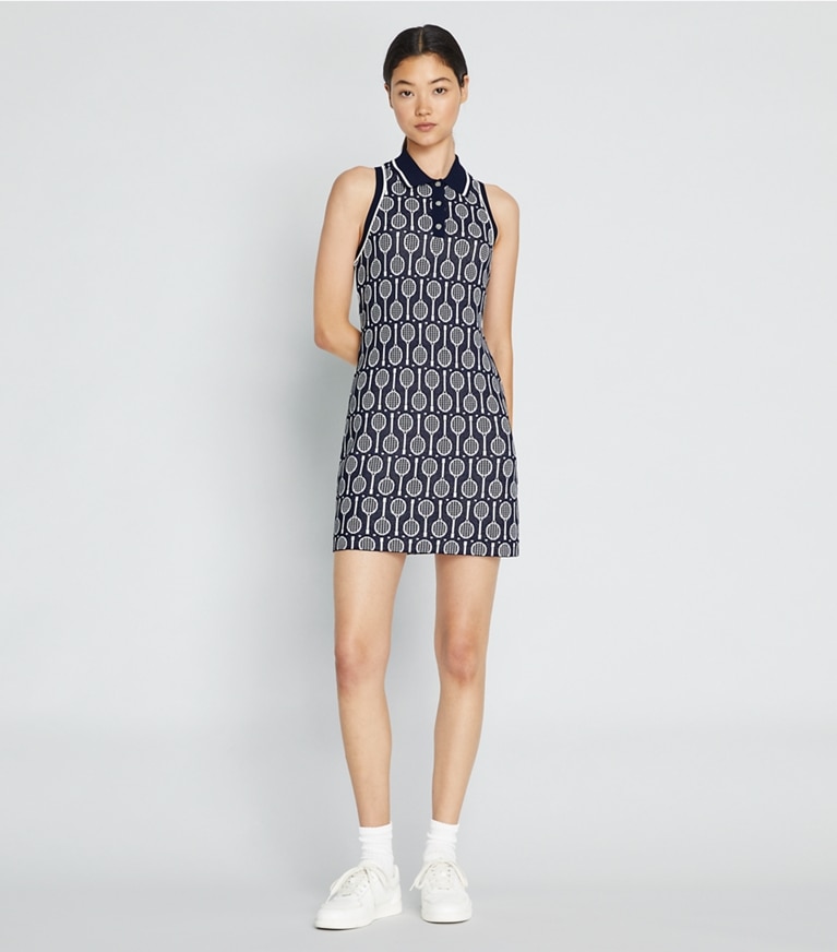 Tory Sport designer dresses Tech Knit Polo Tank Dress in Tory Navy Racquets front