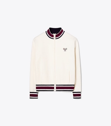 Tory Sport designer jackets Tech Knit Tennis Jacket in Snow White front