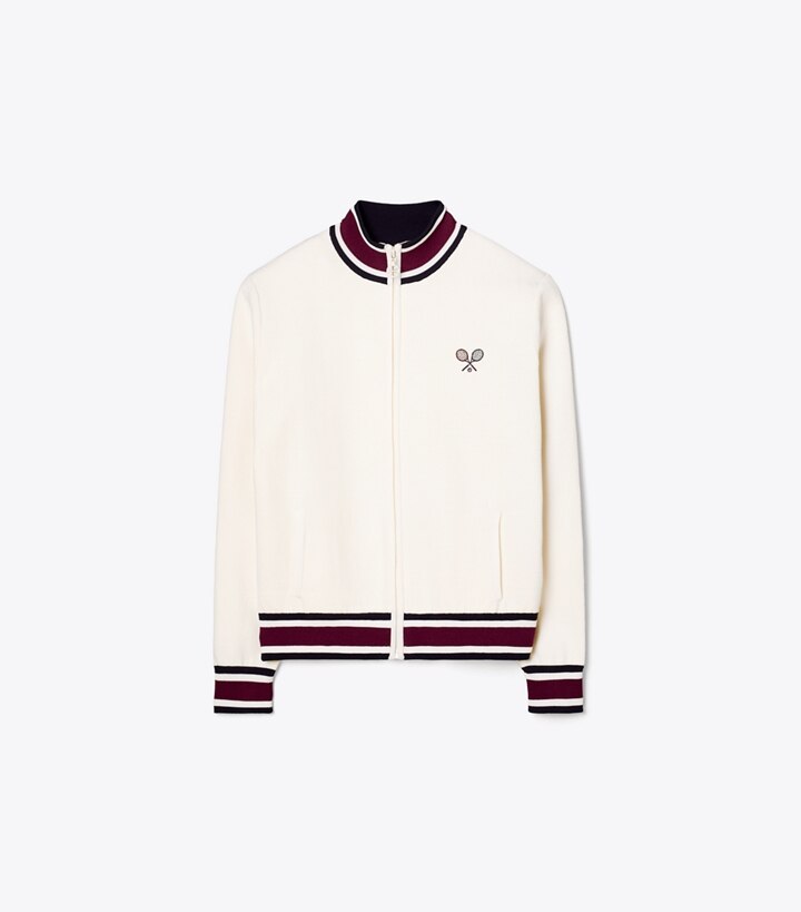 Tory Sport designer jackets Tech Knit Tennis Jacket in Snow White front