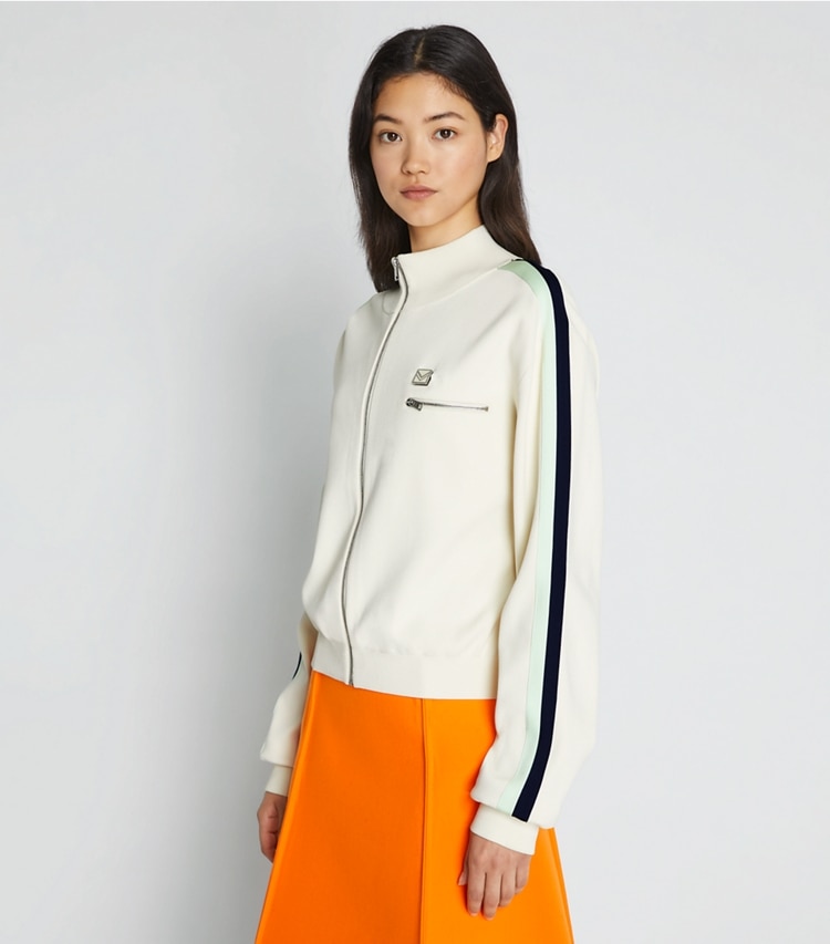 Tory Sport designer jackets Tech Knit Track Jacket in NEW IVORY on model detail
