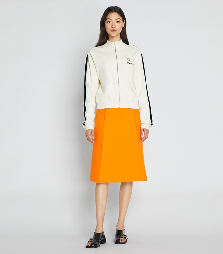 Tory Sport designer jackets Tech Knit Track Jacket in NEW IVORY on model front