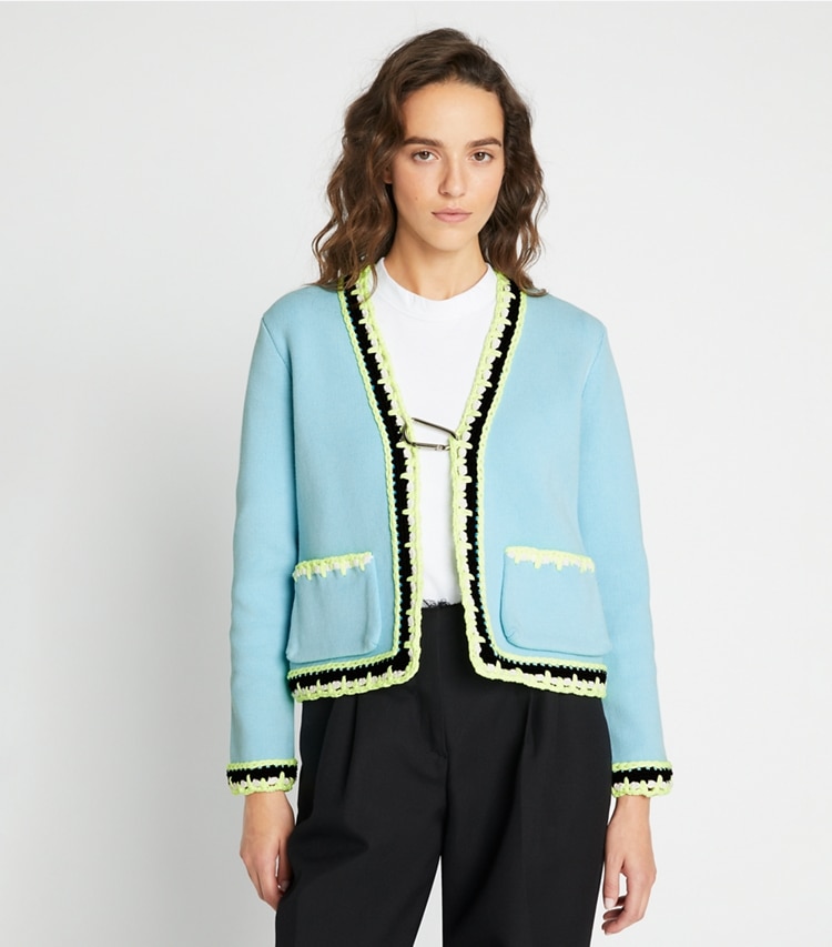 Tory Sport designer sweaters Tech Knit Viscose Cardigan in Vista on model detail