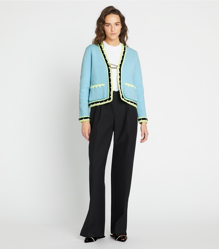 Tory Sport designer sweaters Tech Knit Viscose Cardigan in Vista on model front