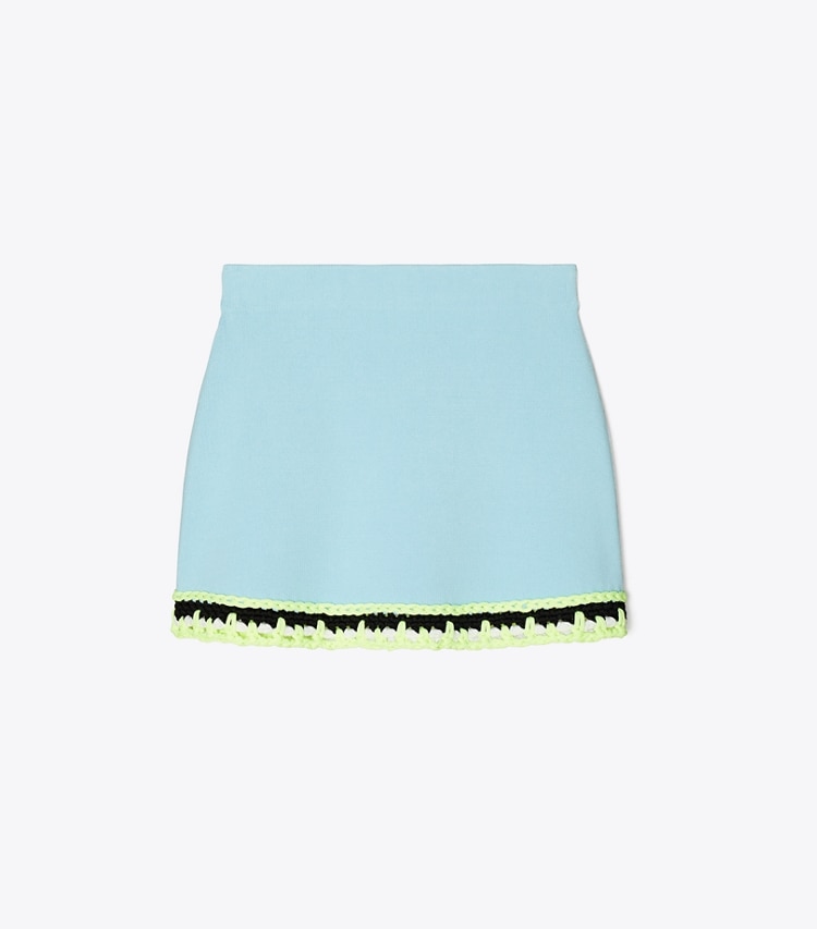 Tory Sport designer bottoms Tech Knit Viscose Mini Skirt in Vista front
