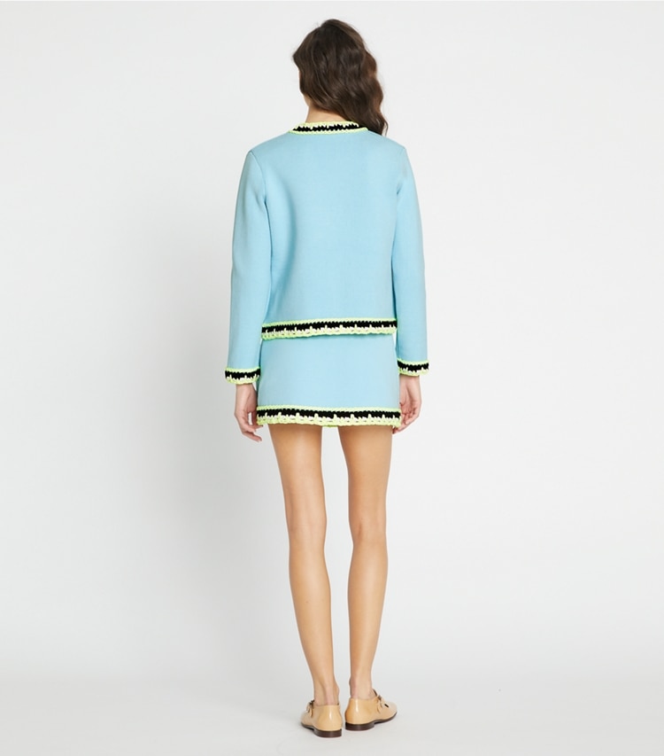 Tory Sport designer bottoms Tech Knit Viscose Mini Skirt in Vista on model back