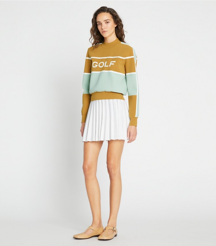 Tory Sport designer sweaters Tech Nylon Golf Cropped Sweater in Ridge / Sage Leaf on model front