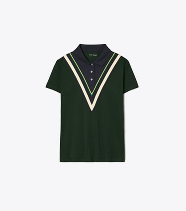 Tory Sport designer トップス テックピケ シェブロン ポロシャツ in Conifer front