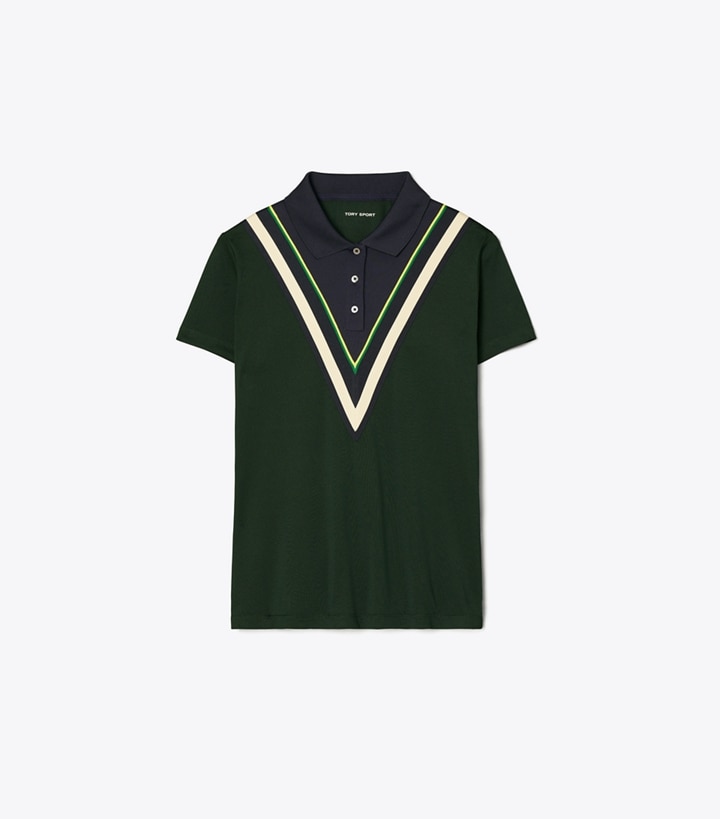 Tory Sport designer tops Tech Piqué Chevron Polo in Conifer front