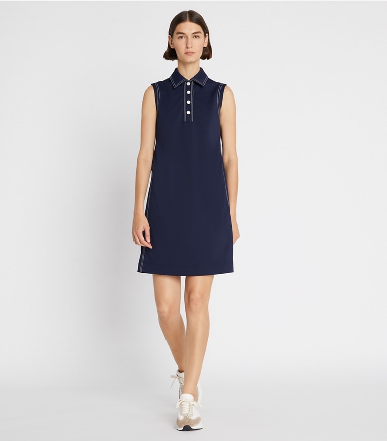 Tory Sport designer dresses Tech Piqué Pick Stitch Golf Dress in Tory Navy front