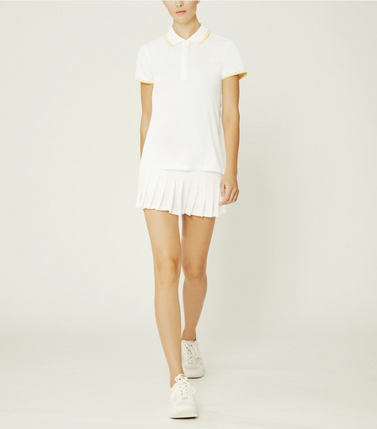 Tory Sport designer tops Tech Piqué Polo in Snow White/Sundance on model front