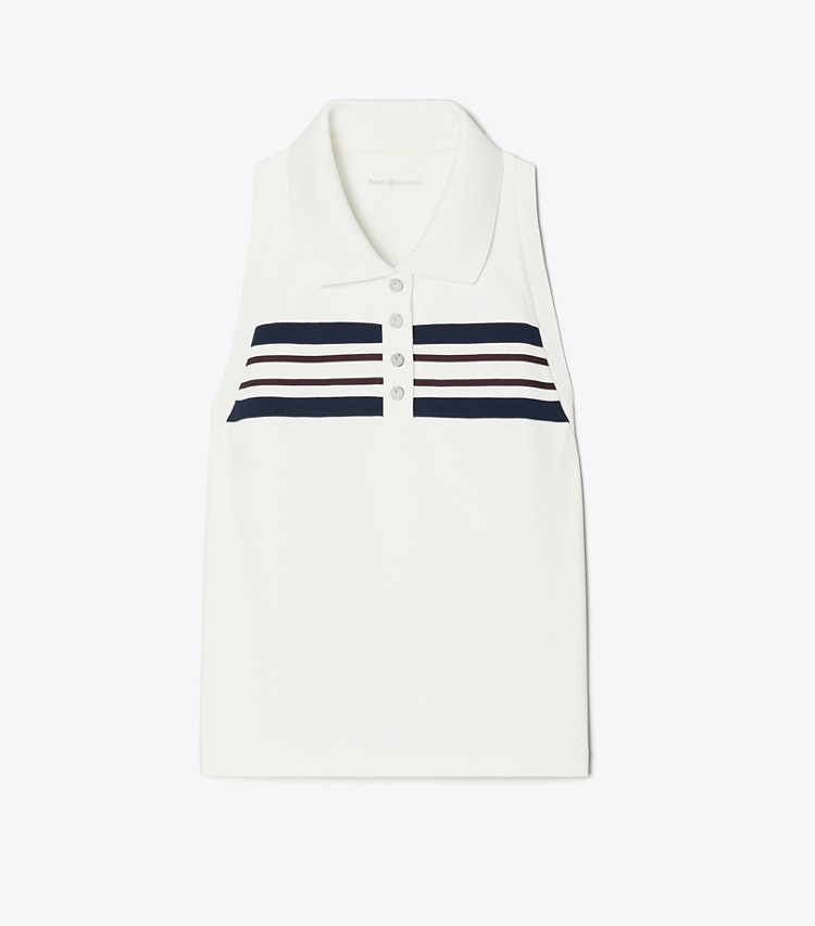 Tory Sport designer tops Tech Piqué Polo Tank in Snow White / Tory Navy / Winetasting front