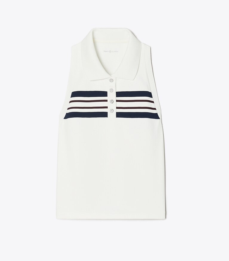 Tory Sport designer tops Tech Piqué Polo Tank in Snow White / Tory Navy / Winetasting front